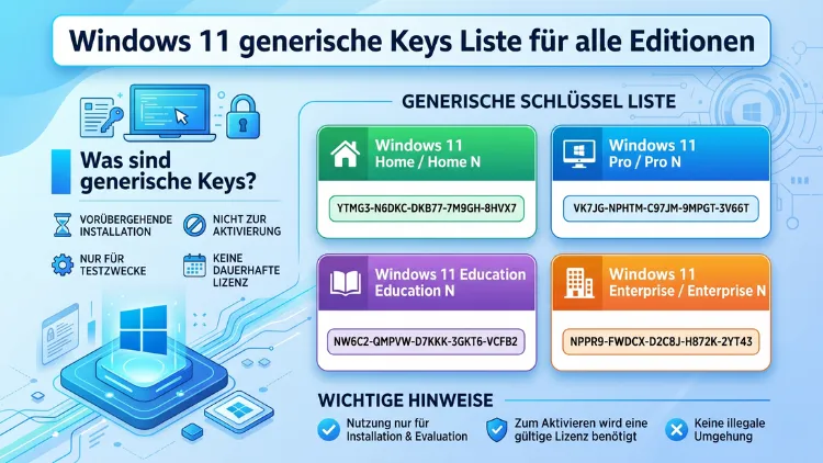 Windows 11 generische Keys Liste für alle Editionen