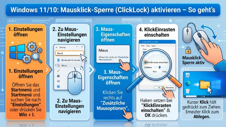 Windows 11/10: Mausklick-Sperre (ClickLock) aktivieren – So geht’s