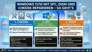 Windows 11/10 mit SFC, DISM und CHKDSK reparieren – So geht’s