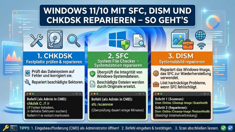 Windows 11/10 mit SFC, DISM und CHKDSK reparieren – So geht’s