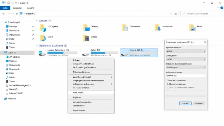 Externe SSD formatieren in Windows Explorer