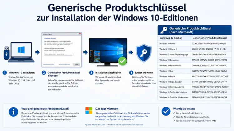 Generische Produktschlüssel zur Installation der Windows 10-Editionen
