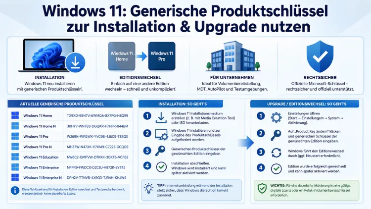 Windows 11: Generische Produktschlüssel zur Installation & Upgrade nutzen