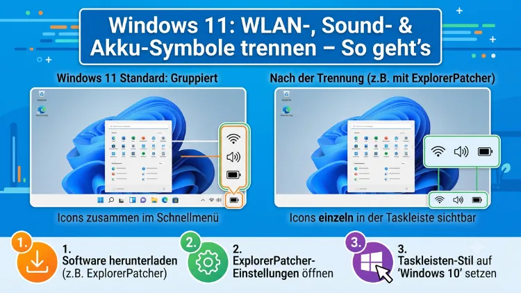 Windows 11: WLAN-, Sound- & Akku-Symbole trennen – So geht’s
