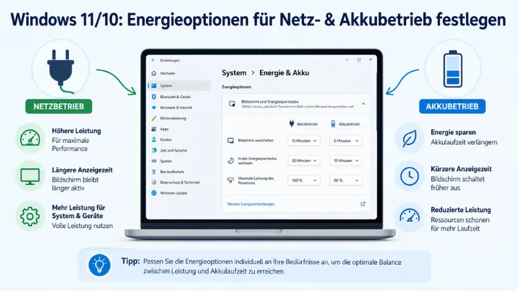 Windows 11/10: Energieoptionen für Netz- & Akkubetrieb festlegen