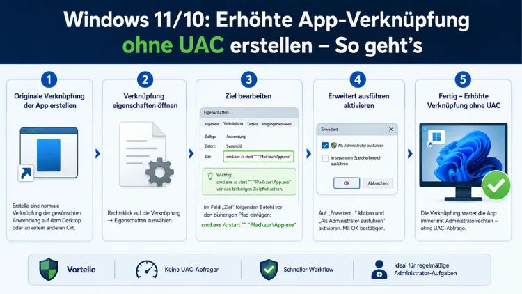 Windows 11/10: Erhöhte App-Verknüpfung ohne UAC erstellen – So geht’s