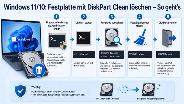 Windows 11/10: Festplatte mit DiskPart Clean löschen – So geht’s