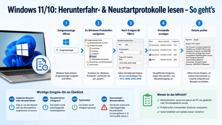 Windows 11/10: Herunterfahr- & Neustartprotokolle lesen – So geht’s