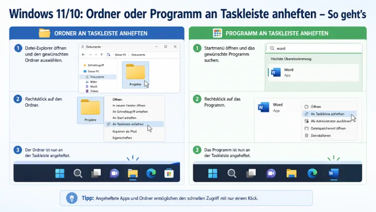 Windows 11/10: Ordner oder Programm an Taskleiste anheften – So geht’s