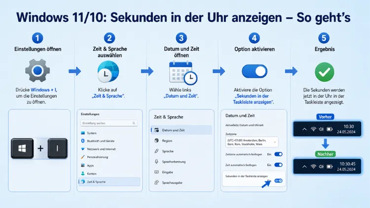 Windows 11/10: Sekunden in der Uhr anzeigen – So geht’s