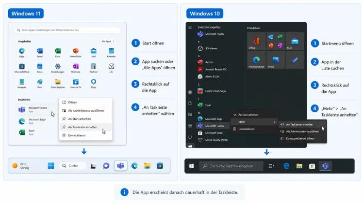 Anheften einer App an die Taskleiste in Windows 11 und 10