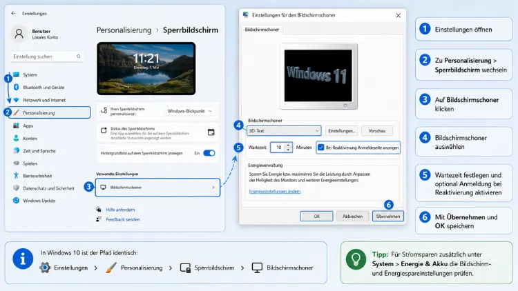 Anpassen der Bildschirmschoner-Einstellungen in Windows 11/10