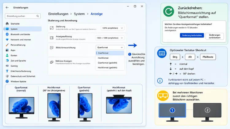 Bildschirm drehen/zurückdrehen in Windows 11 und Windows 10