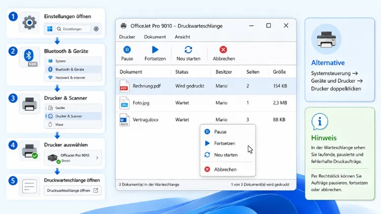Druckaufträge in Warteschlange anzeigen – Windows-Anleitung