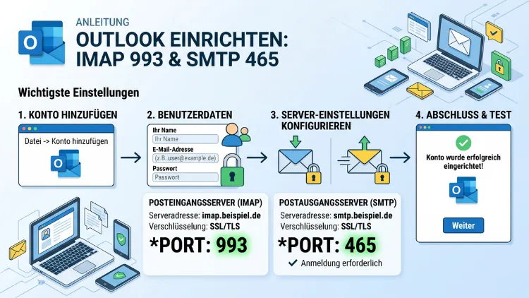 Outlook IMAP: Port 993 & SMTP 465 – So geht’s einrichten