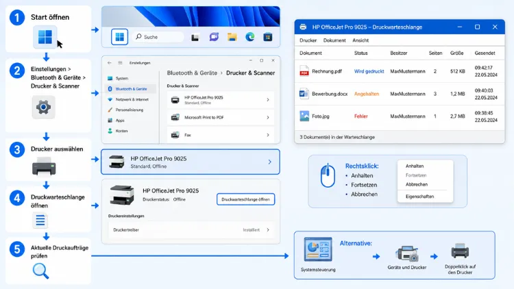 Überprüfung der aktuellen Druckaufträge in der Warteschlange in Windows