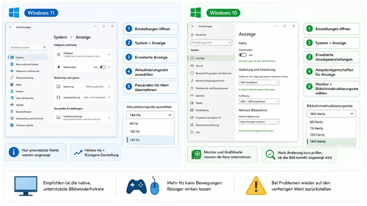 Bildschirmaktualisierungsrate anpassen in Windows 11 und 10 – Anleitung