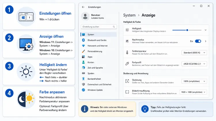 Helligkeit und Farbe der Anzeige in Windows 11 und 10 ändern