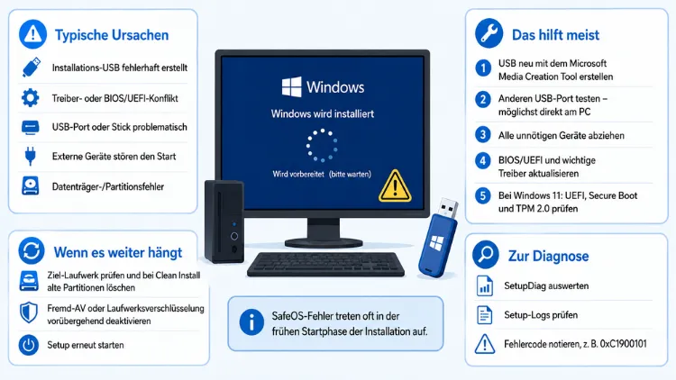 Windows 11/10: Setup friert bei Installations-USB ein (SafeOS-Fehler)