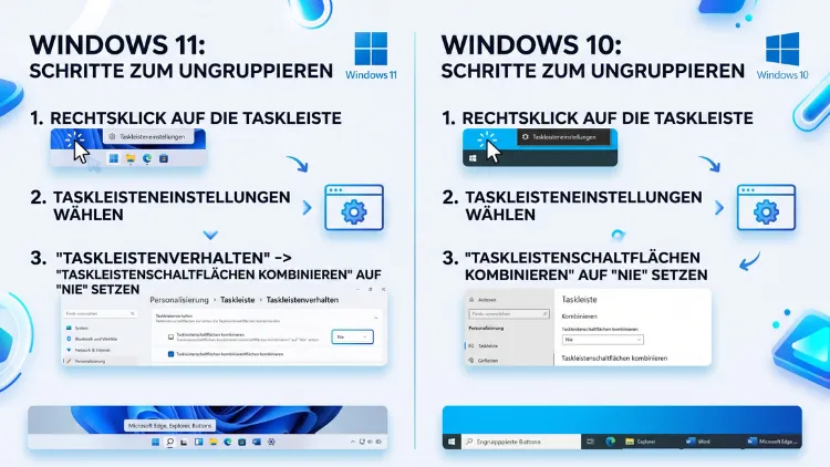 Windows 11/10: Taskleisten-Buttons nie gruppieren – so geht’s