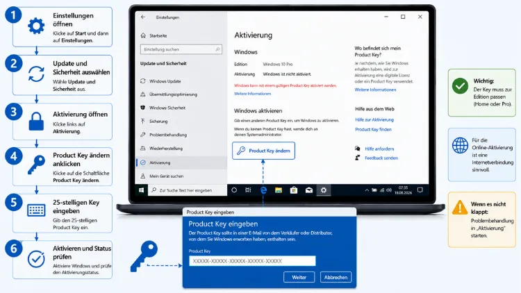 Windows mit Product Key Windows 10 aktivieren: So geht es