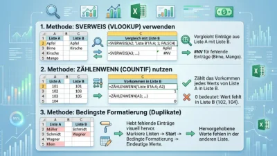Excel: Zwei Listen vergleichen – fehlende Einträge finden