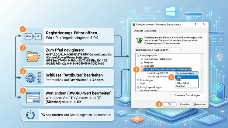 Windows 11/10: AHCI Link Power Management zu Energieoptionen hinzufügen
