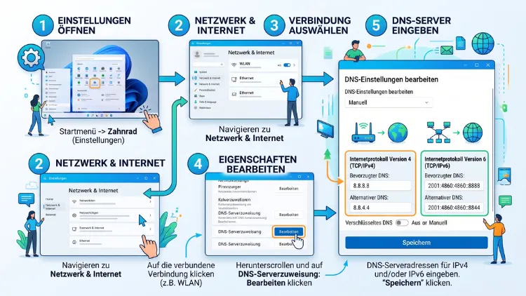 Windows 11/10: IPv4- und IPv6-DNS-Serveradresse ändern