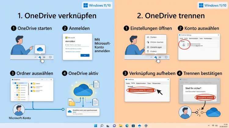 Windows 11/10: OneDrive mit Microsoft-Konto verknüpfen/trennen