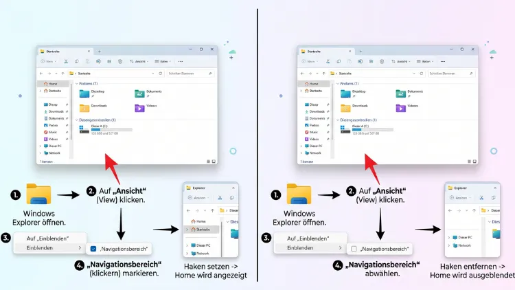 Windows 11/10: „Home" im Navigationsbereich des Explorers hinzufügen/entfernen