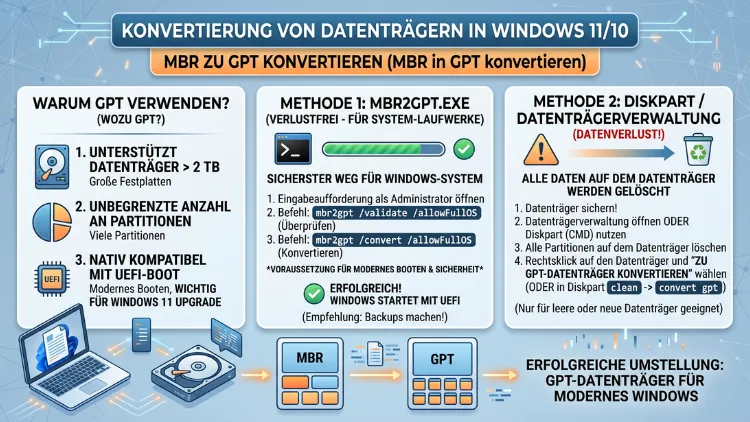 Windows 11/10: MBR-Datenträger in GPT-Datenträger konvertieren