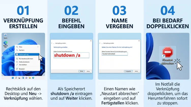 Windows 11/10: Neustart/Herunterfahren per Verknüpfung abbrechen