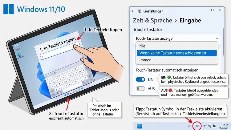 Windows 11/10: Touch-Tastatur automatisch anzeigen – ein-/ausschalten