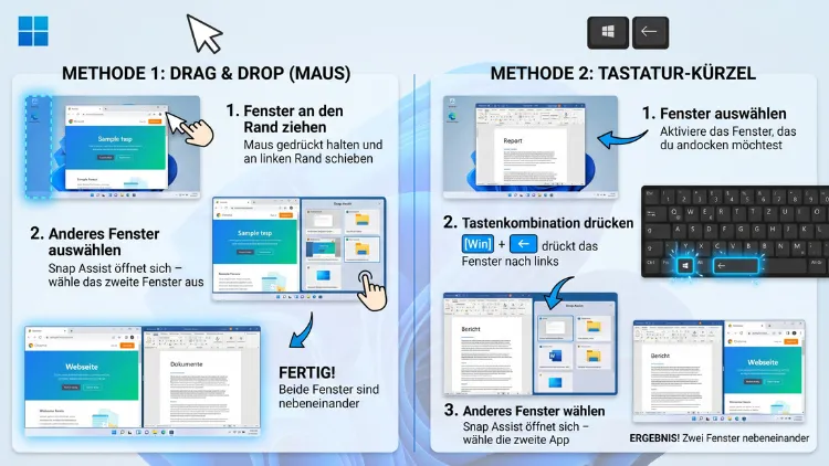Windows 11/10: Zwei Fenster nebeneinander anordnen – so geht’s