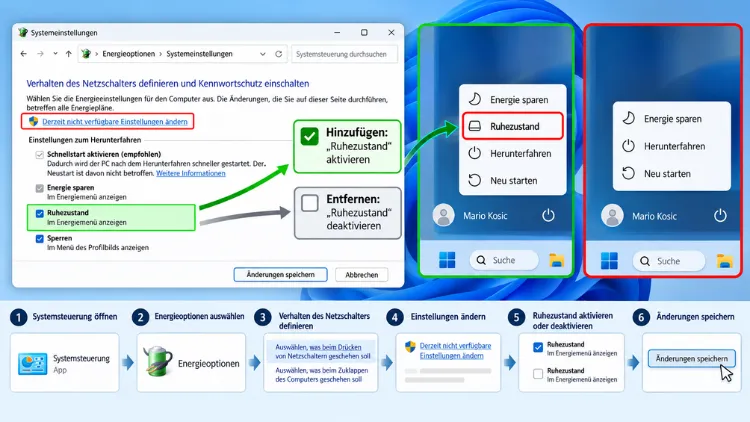 Windows 11/10: „Ruhezustand“ zum Energieoptionen-Menü hinzufügen, entfernen